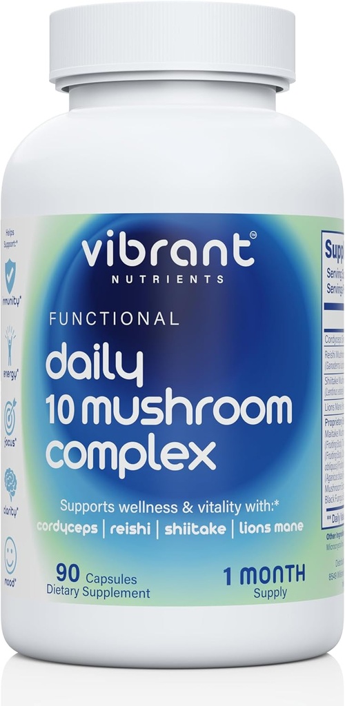 Daily 10 Mushroom Complex – Lions Mane, Reishi & Cordyceps – Imune Boster – Nootropic Brain 补充剂 – 自然能量与压力缓解 – Gluten Free & Non-GMO – 90 Veggie Capsules (英语).