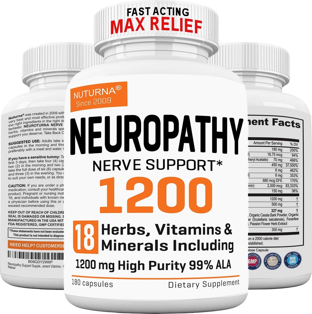 神经病支持补充剂 1200 mg HP-99 Alpha Lipoic Acid - 脚手腿最大强度 ALA 神经元公式 - 18 in 1 Natural Peripheral Nerve Vitamins - 180 Capsules