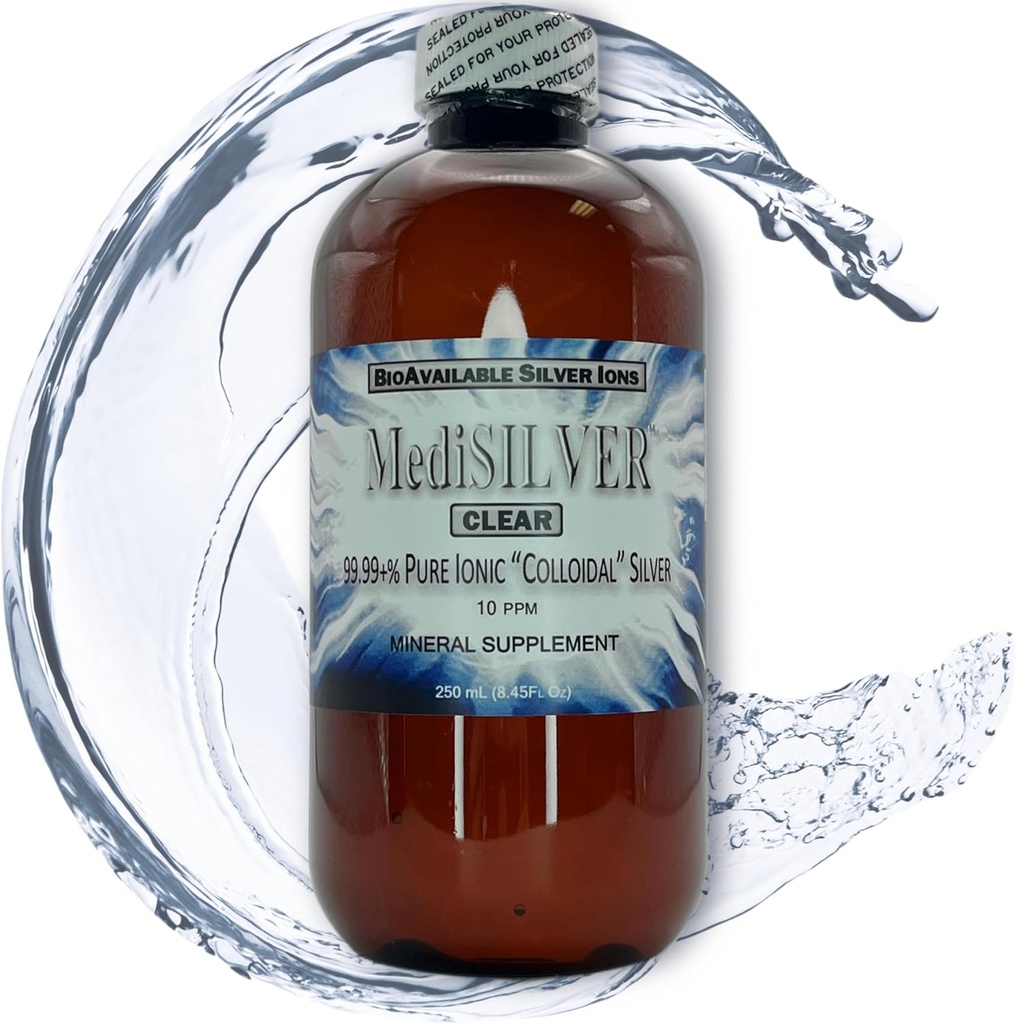 MediSILVER Clear True Free Ionic Colloidal Silver 饮食补充 - 250 mL (8.45 Fl Oz) in BPA - Free Amber 塑料瓶