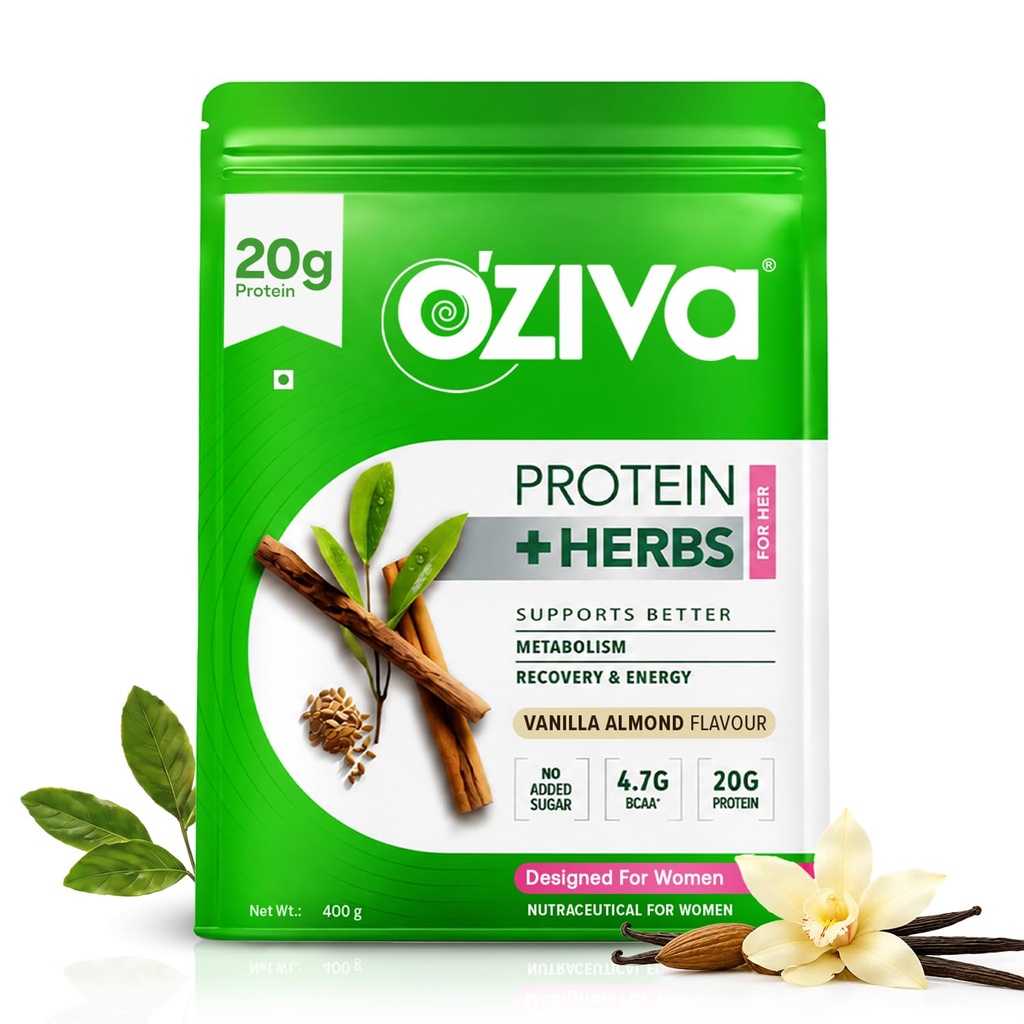 OZIVA 蛋白质和草药用于妇女 1.1升(500克),含多维塔明、库尔库敏、沙塔瓦里、图尔西改进代谢法、激素平衡和皮肤、发型健康、香草杏仁(1.1磅)