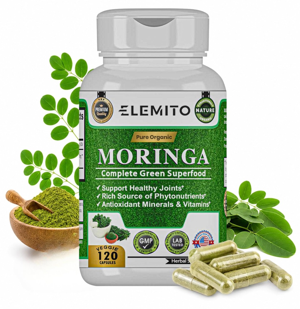Moringa Capsules,纯叶粉,绿色超级食品,能源,代谢,和免疫支持,非GMO,Vegan,Gluten-Free - 120 Capsules