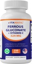 维生素Florus Gluconate 324 mg + 维生素C 100 mg - 无人工染色剂 添加剂 - Gentle on Tommach - 250 化妆片 - 在美国制造