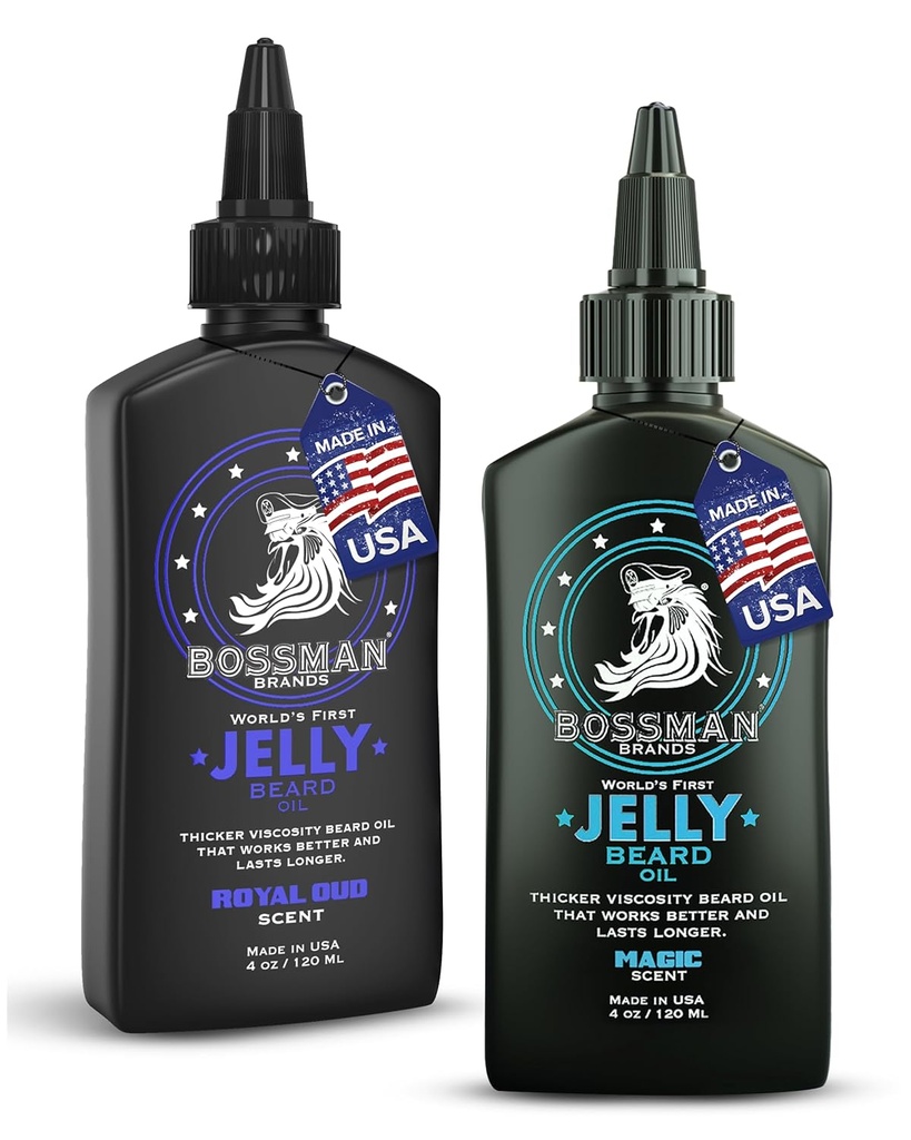 Bossman Jelly Beard Oil for Men Bundle → 2 Pack, 8 oz (Magic + Royal Oud Scents) → Softens, Moisturizes and Cates with Natural Infedions – 在美国制造 – 软体,软体,软体和条件 – 美国制造