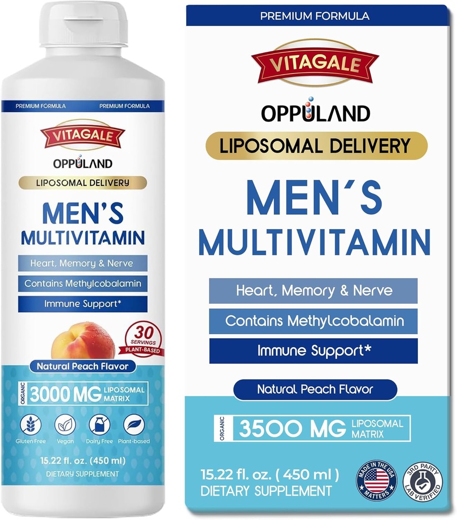 男性多维生素 - 液体补充剂 - Liposomal 交付 - 每日多维生素与Biotin B Complex Omega-3 - 头发和钉子 支持维生素 - 桃肉 Flavor - 3000 mg每服一次 - 450 mL