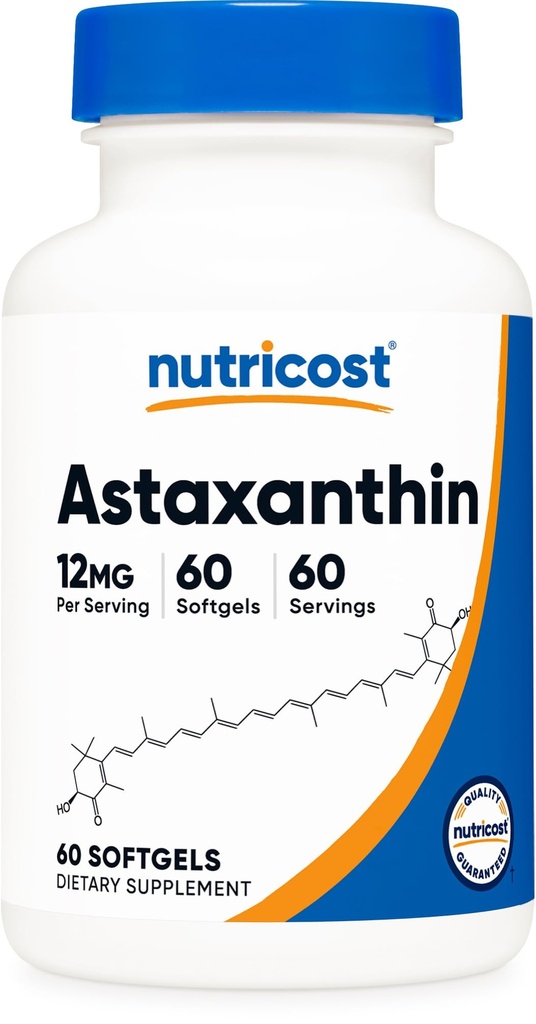 营养成本 Astaxanthin 12mg, 60 Softgels - 非GMO和Gluten免费(2个月供应)
