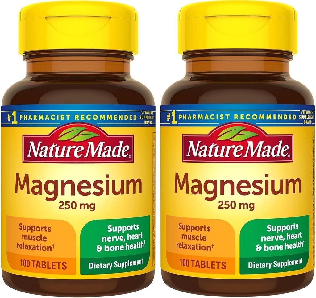 Nature Made Magnesium Oxide 250 mg, 肌肉、心脏、骨骼和神经健康支持的饮食补充,100平板,100天供应(包2)