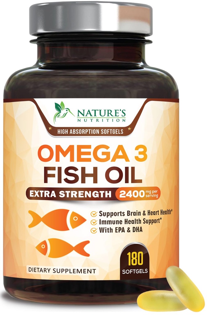 Omega 3 Fish Oil 2400 mg – 三强EPA & DHA Fatty Acids for Heart, Brain & Joint Support – Wild-Caught, Burpless, Lemon Flavor Supplement – Natural, Non-GMO, Gluten-Free – 180 软胶