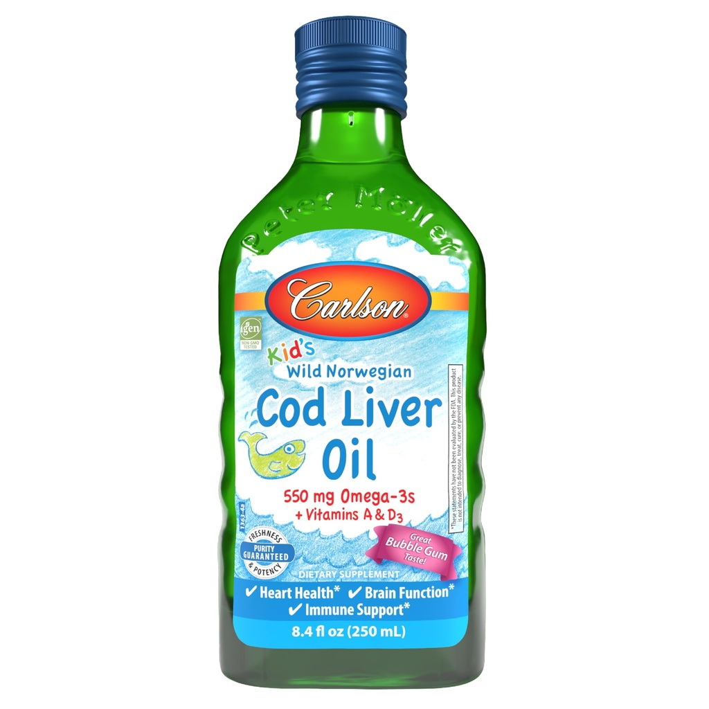 Carlson - Kid's Cod Liver Oil, 550 mg Omega-3s, 维生素A & D3, 野挪威, 泡泡胶, 250 mL