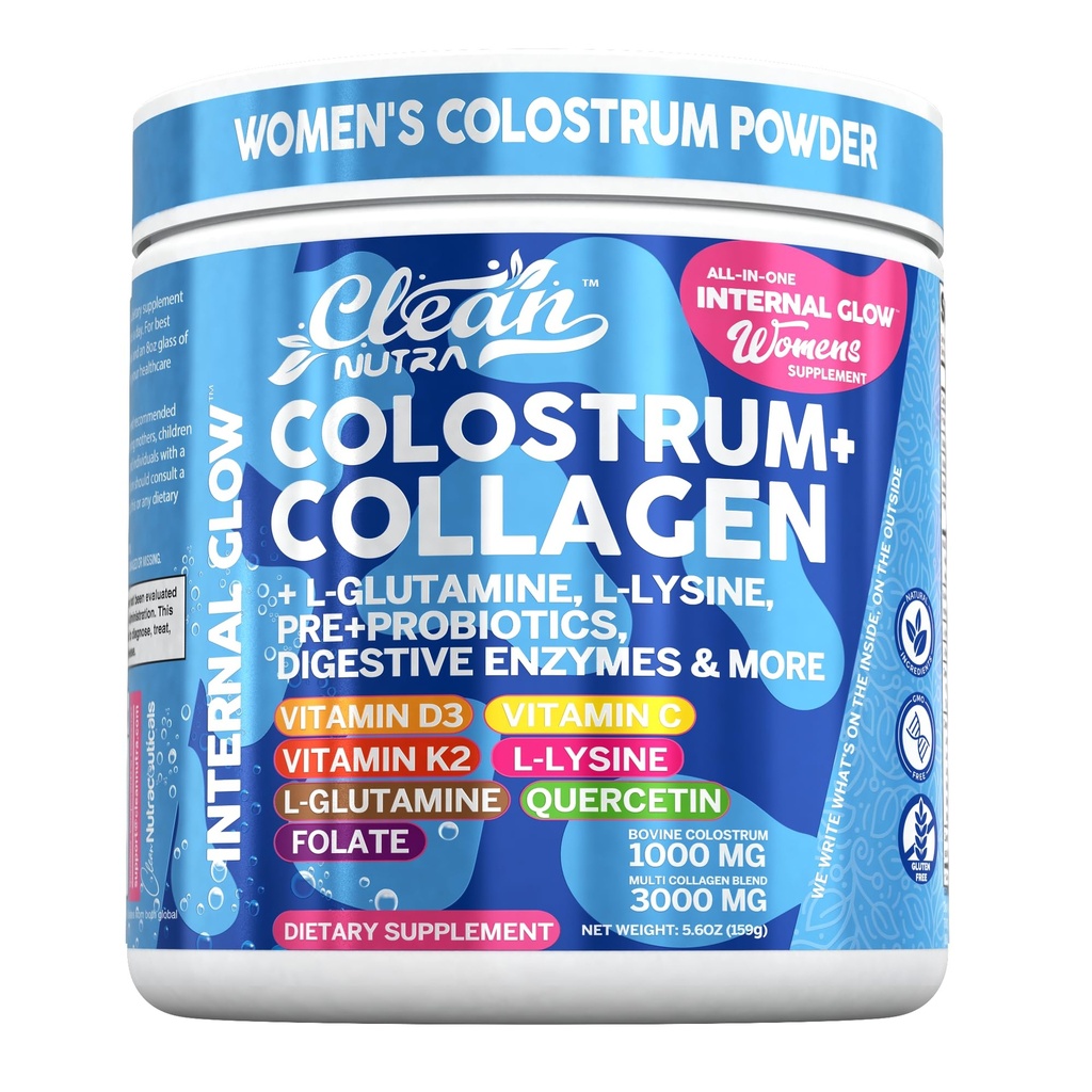 Bovine Colostrum 粉末 + Collagen Peptides 与 L-Glutamine L-Lysine Prebiotics 共生素 消化酶 维他命 D K2 C Quercetin & Folate QQ Gut 健康 由清洁 Nutra 补充 内燃