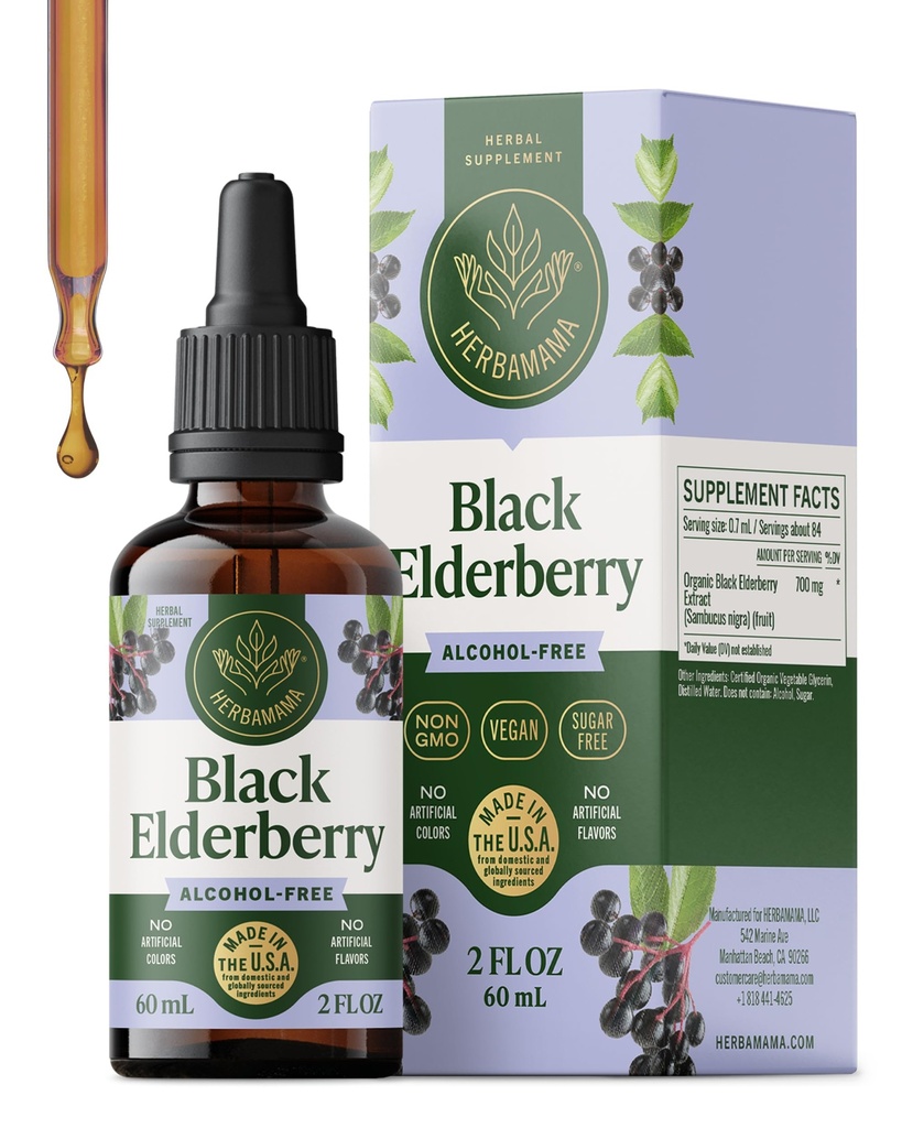 HERBAMAMA 黑莓滴 - Vegan Elderberry液提取用于免疫支持 - 非GMO,酒精和无糖豁免补编,21日供应