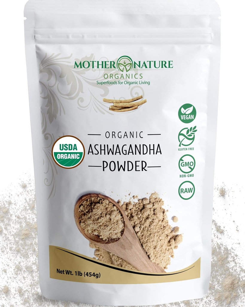 USDA 有机认证 Ashwagandha 粉末,100%纯度,Raw,强适配体草药补充剂 - 非GMO, Vegan, Gluten-Free (1lb Bag)