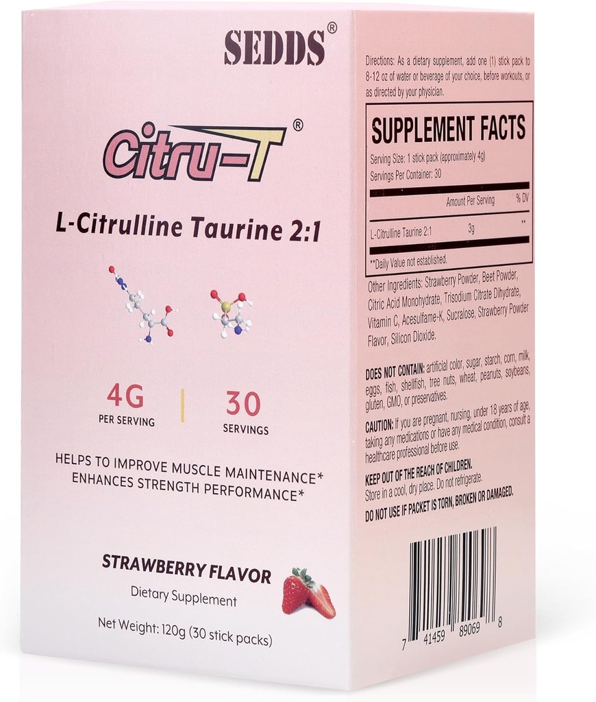 L-Citrulline Taurine 2:1,草莓-香草 L Citrulline Citrulline 补充品,维根·陶林粉,咖啡因自由,Gluten自由,30 Pack