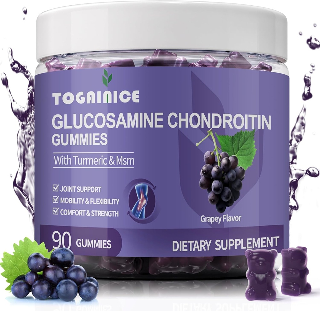 Glucosamine Chondroitin Gummys Free Sugar, Extra strong 1500mg Glucosamine with MSM & Turmeric, 男女联合支持Gummys 补充品, 联合灵活性和骨质健康, 90 Counter V01
