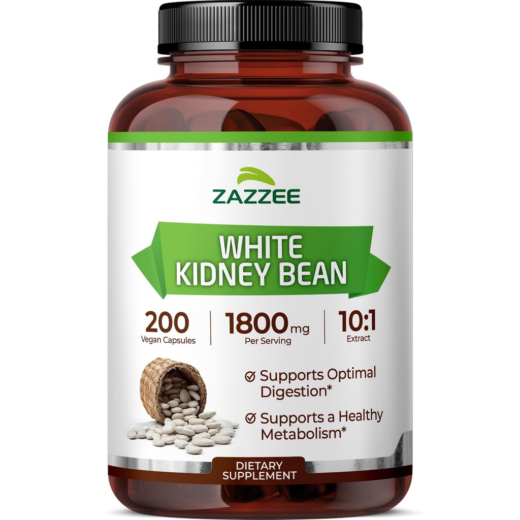 Zazzzee White Kidney Bean 10:1 提取,每架1800毫克,200 Vegan Capsules, 超过2个月的供应,标准化,集中 10X 提取,100% 蔬菜,全自然和非GMO,在美国制造