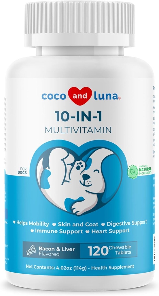 10 in 1 for Dogs - 120 配有Glucosamine和Chondroitin的可切片 - 配有Coq10的鱼油和维生素用于皮肤和心脏健康,Gut & Immune支持