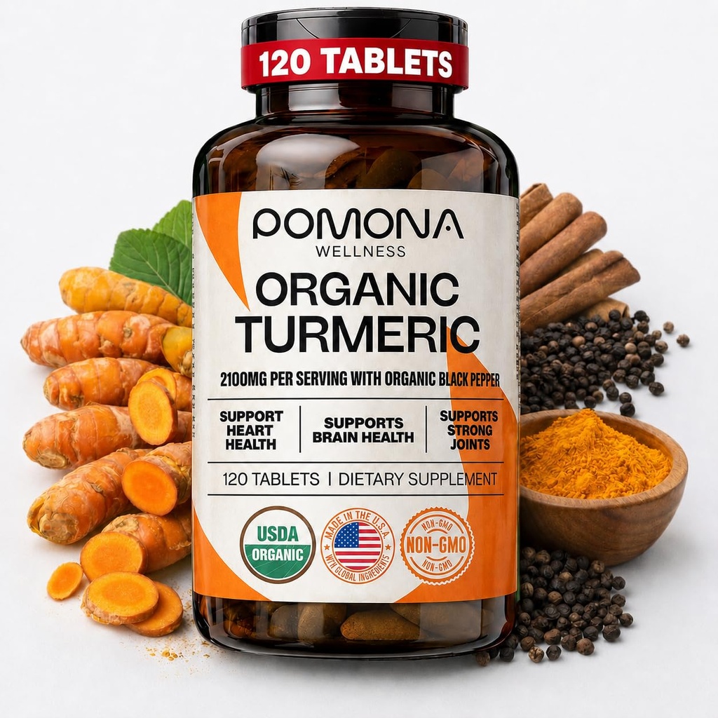 Pomona Wellness 有机图尔克补充剂 2100 mg, USDA Organic, 非GMO, Vegan, Turmeric Curcumin 与黑辣椒用于吸收, 用于联合支持和豁免, 120片
