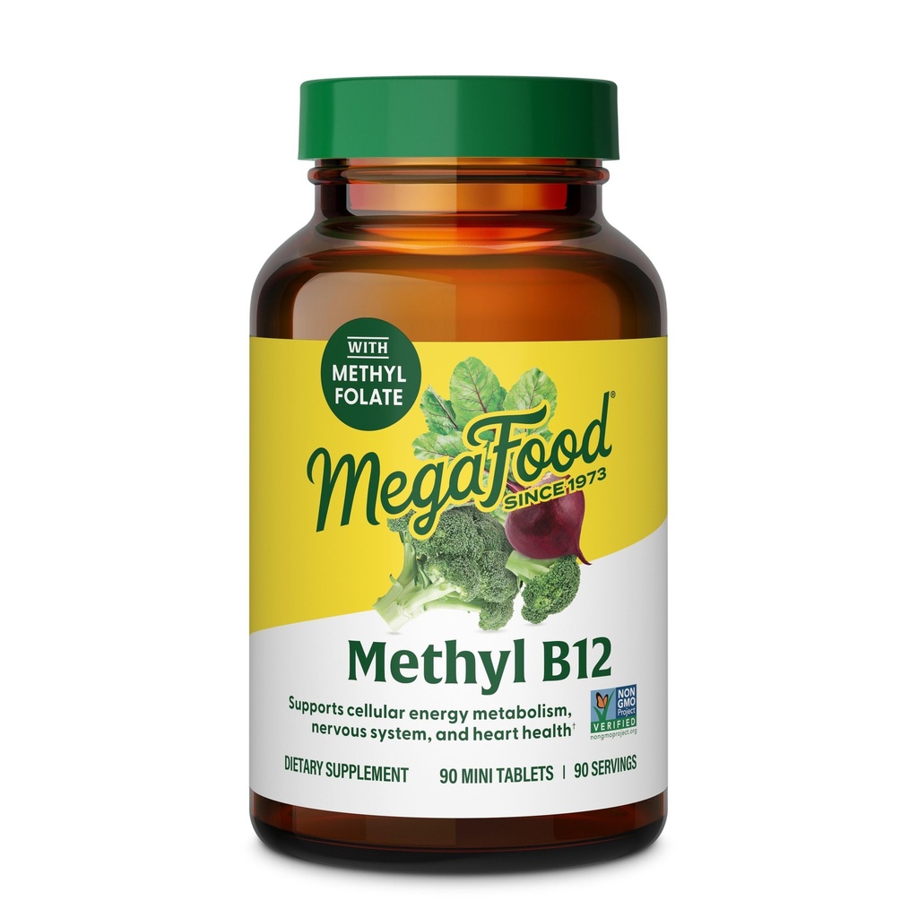 Megafood Methyl B12 - Vegan - 包括甲基福拉提、维生素B12和B6 - 支持细胞能量生产、神经系统健康和心血管功能 - 90片