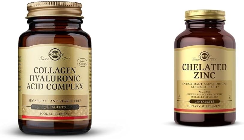 SOLGAR Collagen Hyaluronic Acid Complex, 30 片 - 水解Collagen Type 2 - 帮助 & Chelate Zinc, 250片 - 健康皮肤的锌 - 支持细胞生长和DNA形成