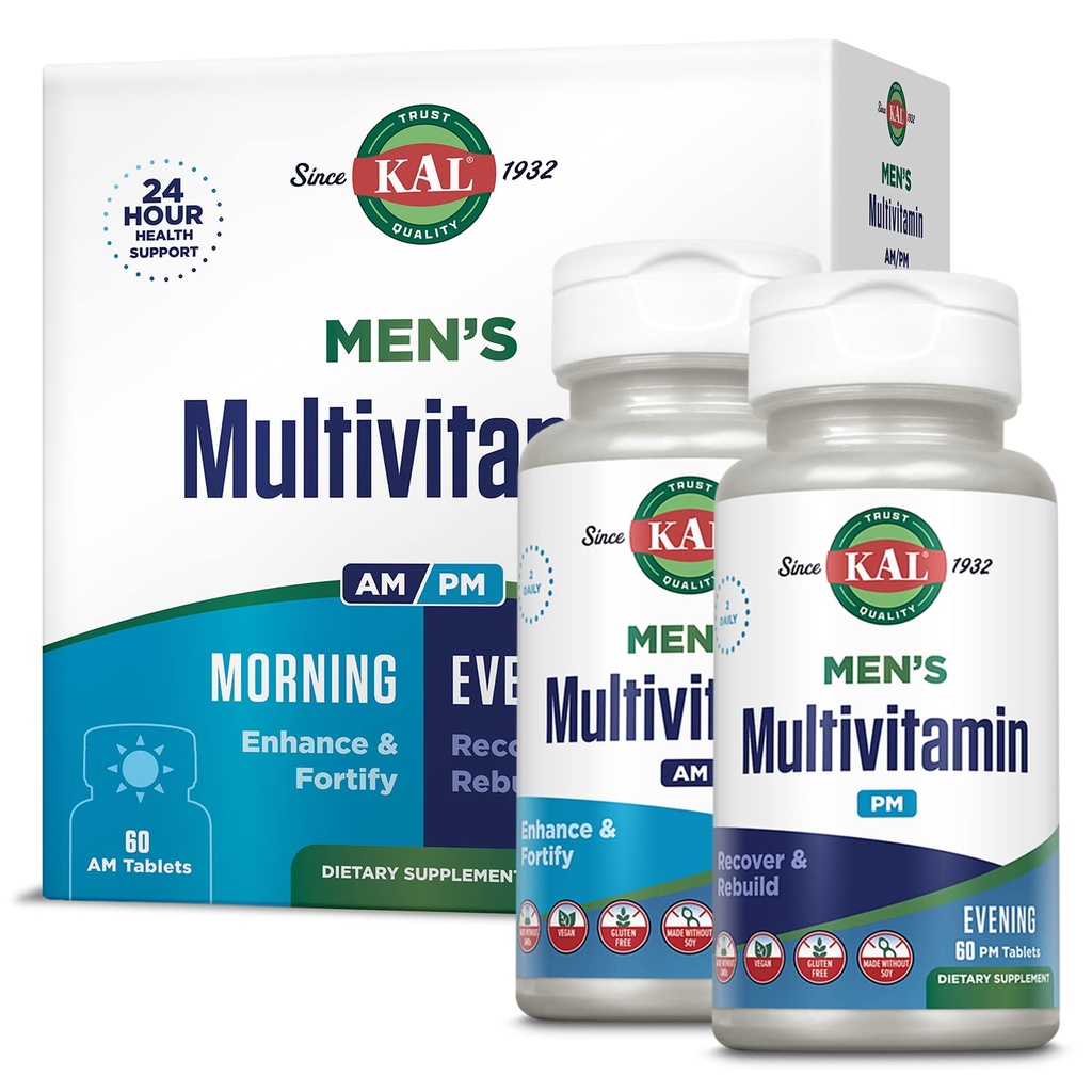 KAL Men's Multivitamin AM/PM, 抗氧化剂补充剂,肌肉,免疫,电解平衡,总体健康支持,没有转基因生物和大豆制造, Vegan, 30 service, 120 片