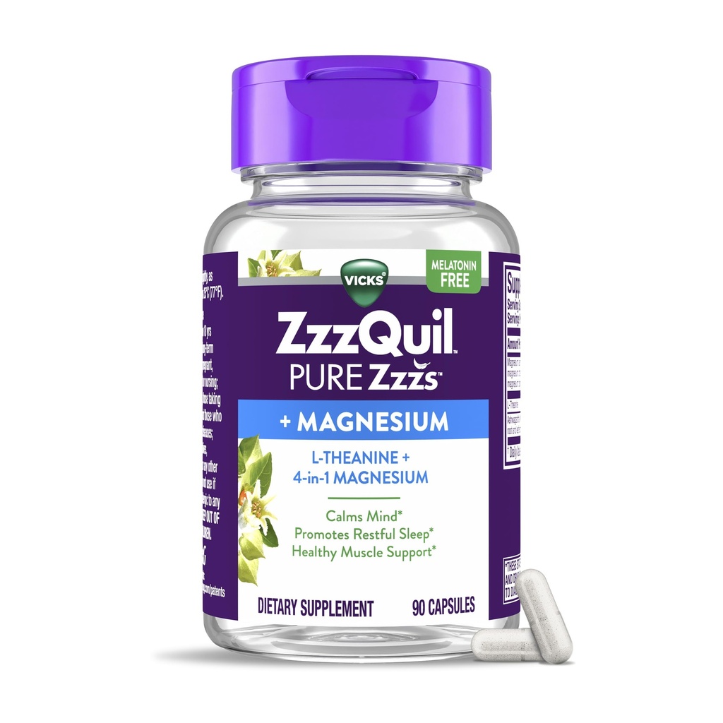 ZzzQuil Pure Zzzs, + Magnesium Capsules, L- Thenine and Magnesium, Sleep Aid, 4-in-1 magnesium: Citrate, Bisglycnate, Oxide, 和碳酸盐, 成人睡眠援助, 90 睡眠 Capsules