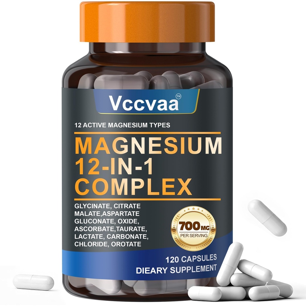 Magnesium Complex 700mg | 12-in-1 High Absorption Supplement | Glycinate, Citrate, Malate, Taurate & More | Sleep Support, Muscle Cramp Relief, Stress, Heart, Bone & Nerve Health | 120 Vegan Capsules