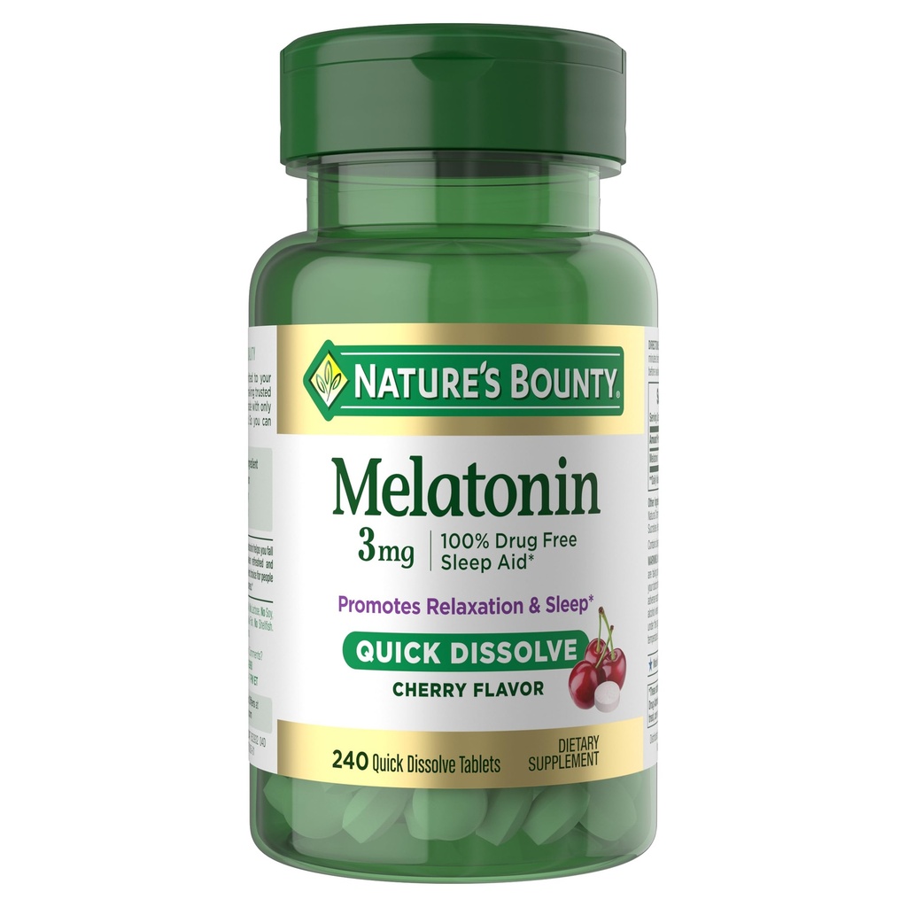 (原始内容存档于2017-07-21). Nature's Bounty Melatonin 3mg快速溶解,睡眠援助补充,成人睡眠援助,樱桃火焰,240 Counter (Pack of 1).