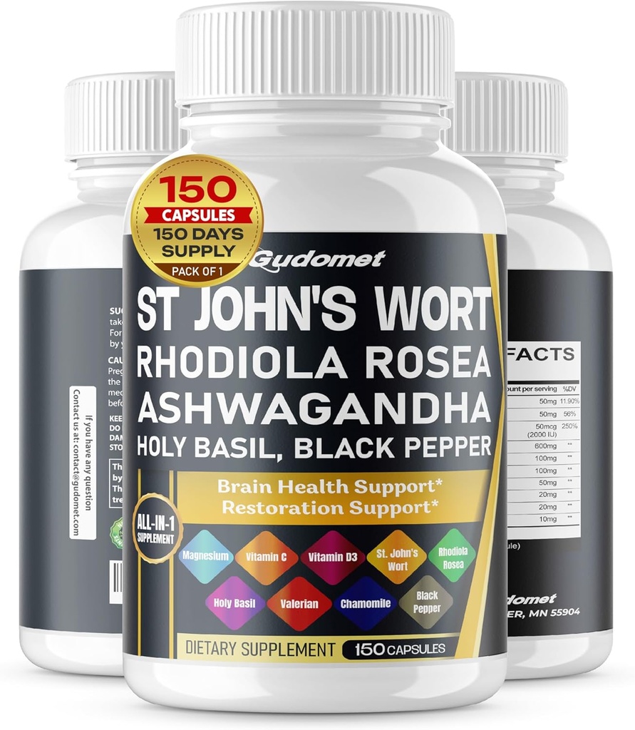 (原始内容存档于2018-09-25). St. John's Wort Rhodiola Rosea Ashwagandha Holy Basil Valerian Chamomile Black Pepper - 150 Capsules - 制造于美国).
