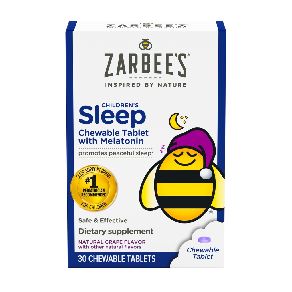 Zarbee's Kids 1 mg Melatonin Chewable Tablet, 无毒品有效睡眠补充, 为3岁和30岁以上的儿童容易服用天然葡萄燃烧片,