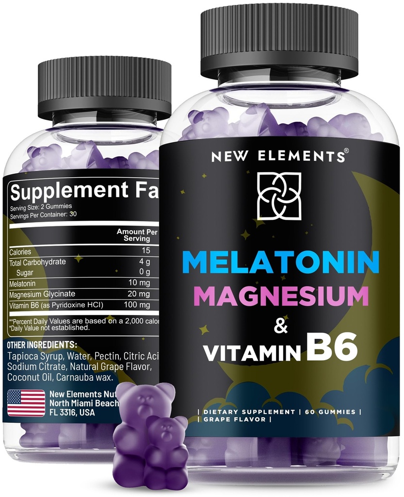新元素Melatonin Gummys 10 mg 配有甘油镁和维生素B6 QQ 睡眠支持,放松和应激缓解 QQ Non-GMO,Gluten-Free QQ Great-Tasting QQ 天然葡萄火焰