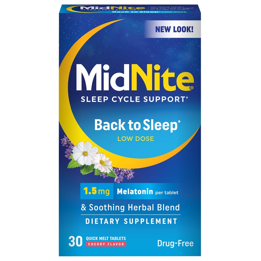 MidNite Back to Sleep Low Dose, 1.5 mg Melatonin睡眠援助,非哈比特成形,草药给成年人的膳食补充,无毒品,无葡萄糖,无乳糖,蔬菜,维冈,30个快速熔融片
