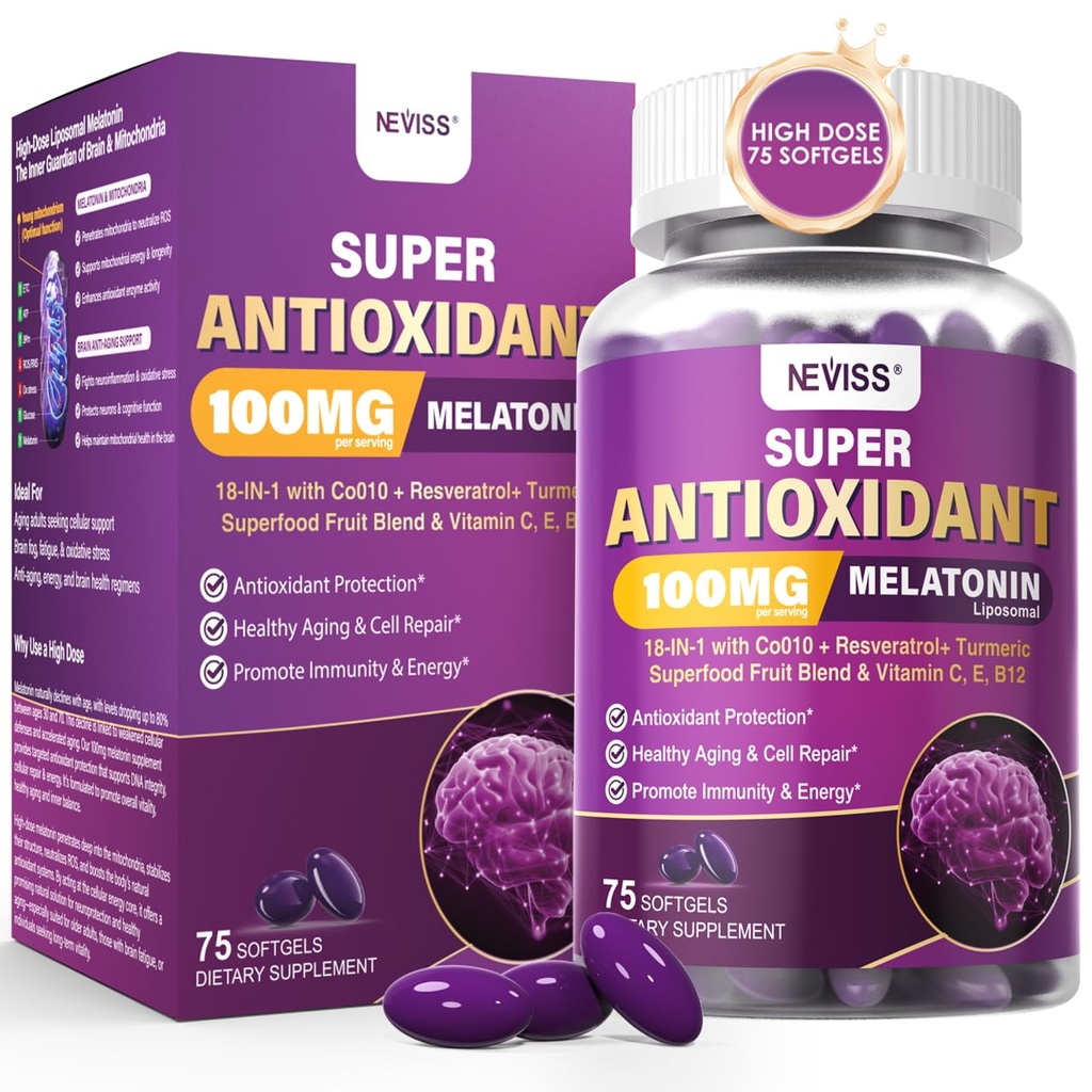 Melatonin 100mg用于抗氧化剂和认知健康,Ultra high dose Melatonin与CoQ10,Turmeric,Trans-Resveratrol,维生素B12 C E用于脑抗衰老,细胞修复和能量,75软胶