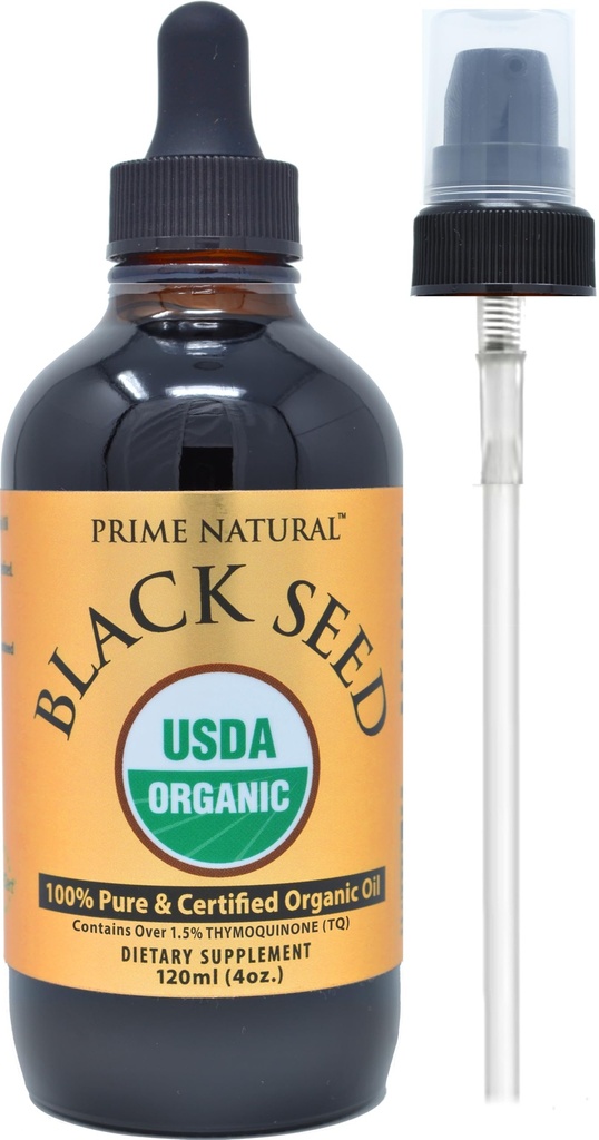 Prime Natural Organization Black Seed Oil 4oz - 冷压未加工高硫磺酮 1.7% USDA认证 - 土耳其原产地 Potent Nigela Sativa Liquid - Vegen Omega 3 - 6 9,抗氧化剂