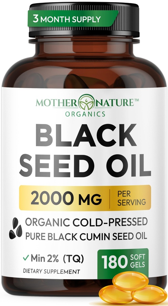黑种子油盖 2000mg per service,有机冷压黑库明,高TQ,Immune和联合支援,180 Counter(3个月供应)