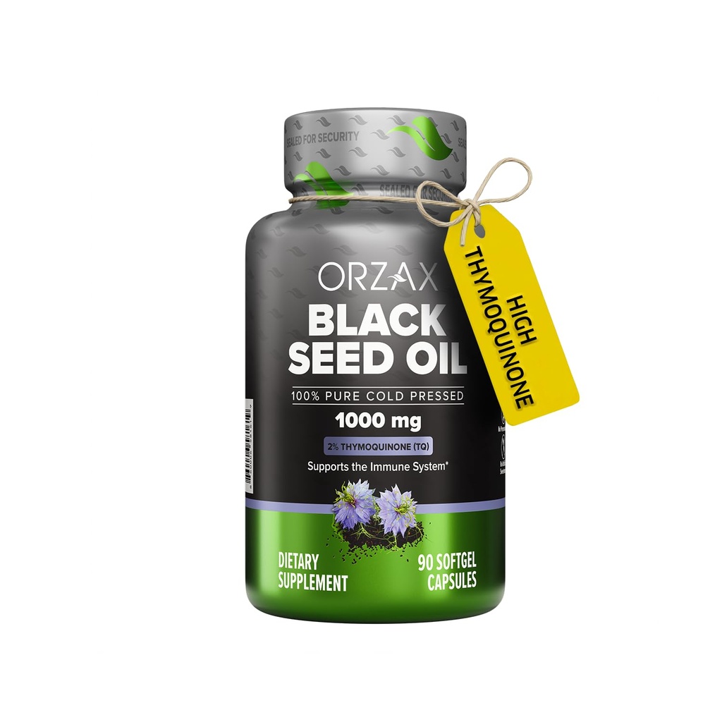ORZAX 黑种子油冷压100% 纯 QQ 非GMO - 在Omega 3 6 9 & Thymoquinone → Black Cumin Nigella Sativa 石油用于免疫支持,头发,皮肤,面部(1 000 mg - 90软胶盖)