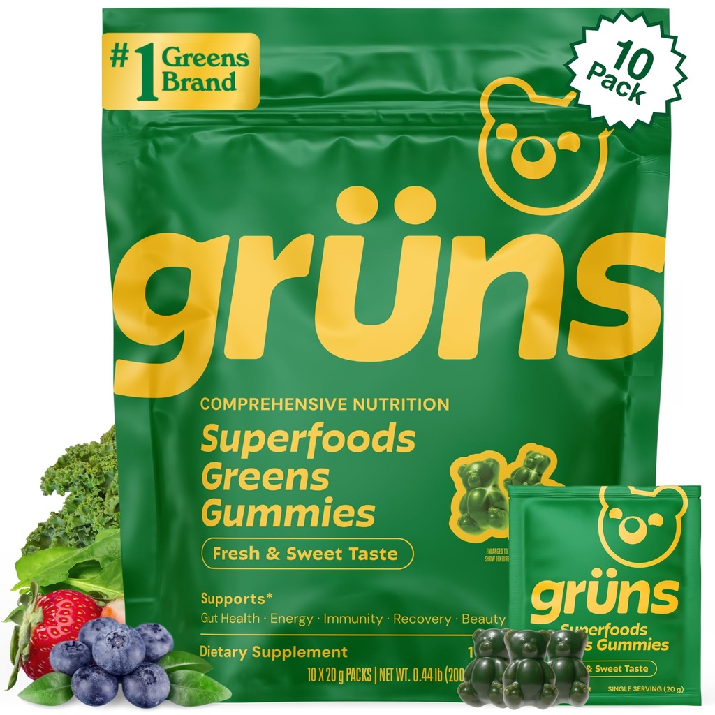 Gruns 成人超绿色 Gummys, 多维他命超食品 Gummy熊, Spirulina, 氯氏菌, Prebiotics & Fiber Gummys for Digestive Health, Adaptogens Supplementals, 20 Vitamins & Minerals, 10 Counts.