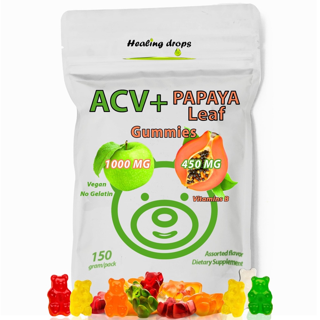 ACV Gummys & Papaya Leaf 提取 Gummys - Premium Potent Apple Cider Vinegar 补充剂 - 碘浸润和维生素 B6 B12 - Platletes 头发皮肤和心脏友好(1,常规)