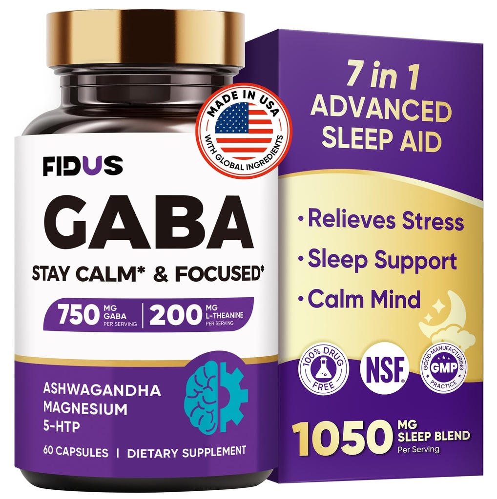 GABA L-Theanine Ashwagandha - 1050mg Blend - 在美国制造 - 高级睡眠援助和Calm-Magnesium, 5-HTP,维生素B6和B12, GABA(伽马氨基丁酸) 补充 - Melatonin-Free & Non-Habit Forming