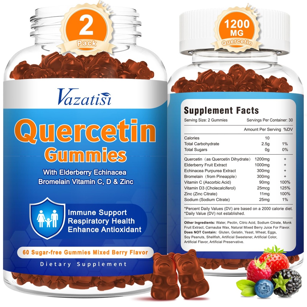2 Pack Quercetin with Bromelain Gummys, Quercetin with Vitamin C Zinc & Elderberry for Imune System & Alergy, Chewable & Vegan Gummys, Mixed Berry Flavor 120 Cts (中文(简体) ).