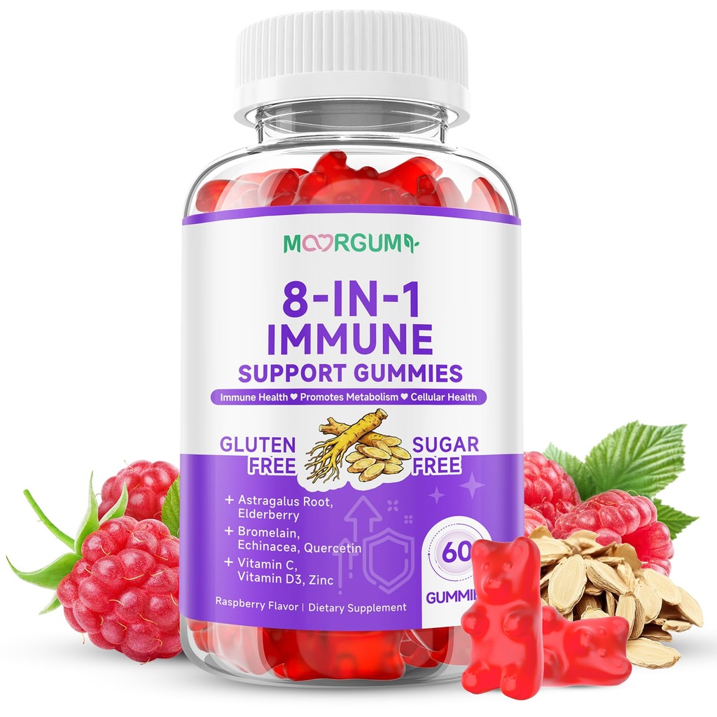 Immune Supports Gummys – 8-in-1 配有 Astragalus, 长老莓, Quercetin, Bromelain, Echinacea, 维生素C, D3和锌的配方草药补充剂 每日平衡, Raspberry Flavor, 60 Counter