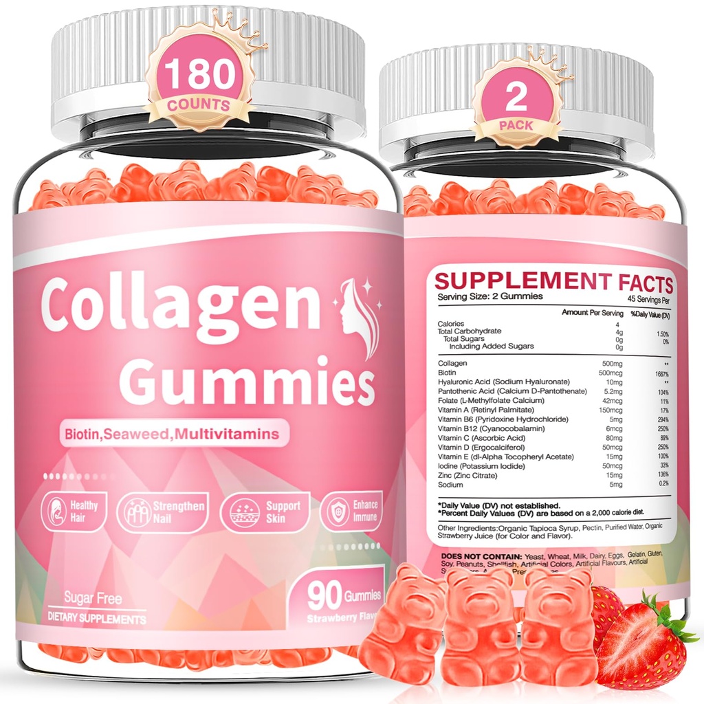 180 Count Collagen Gummies Collagen Protein Type I II III V X with Biotin Vitamin C A B D E Keratin Hyaluronic Acid for Hair Skin Nails Joint Immune Digestion Women Men Sugar Free Strawberry