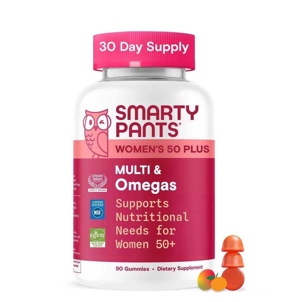 SmartyPants Multivitamin Gummy for Women and Over, Omega 3 (DHA/EPA), Methylfolate, CoQ10, 维生素D3, C, 维生素B12, B6, A, K, Biotin, Gluten Free, 90 Count (30天供应量)