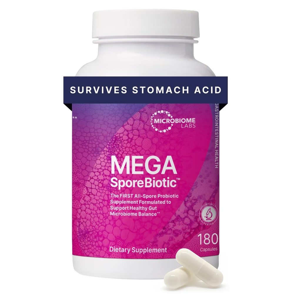 Microbiome Labs MegaSporeBiotic Probiotics for Women & Men - Spore-Based Probiotic for Gut Health & Digestive Support - Shelf-Stable, Travel-Friendly, Mens & Womens Probiotics (180 Capsules)