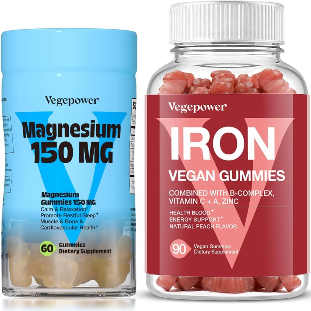 Vegan Iron Gummys + Magnesium Gummys + Iron Supplement 支持成人和孩子的血液健康与日常能源 + 150mg 平静的Magnesium Citrate Gummys 为了更好的睡眠,放松.