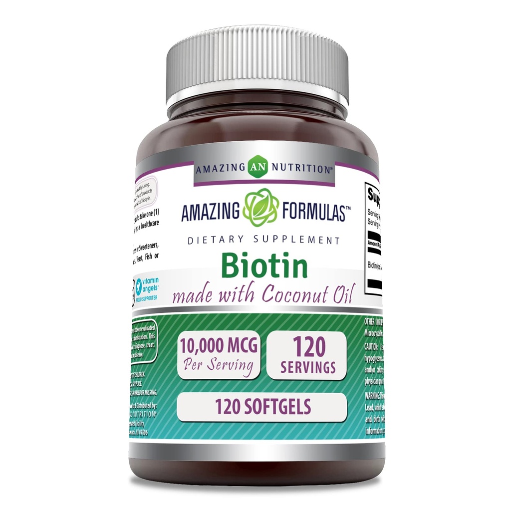 配以外维珍有机椰子油的奇异配方生物素 – 1000 Mcg – 120 Softgels – Non-GMO – Gluten-free – 在美国制造