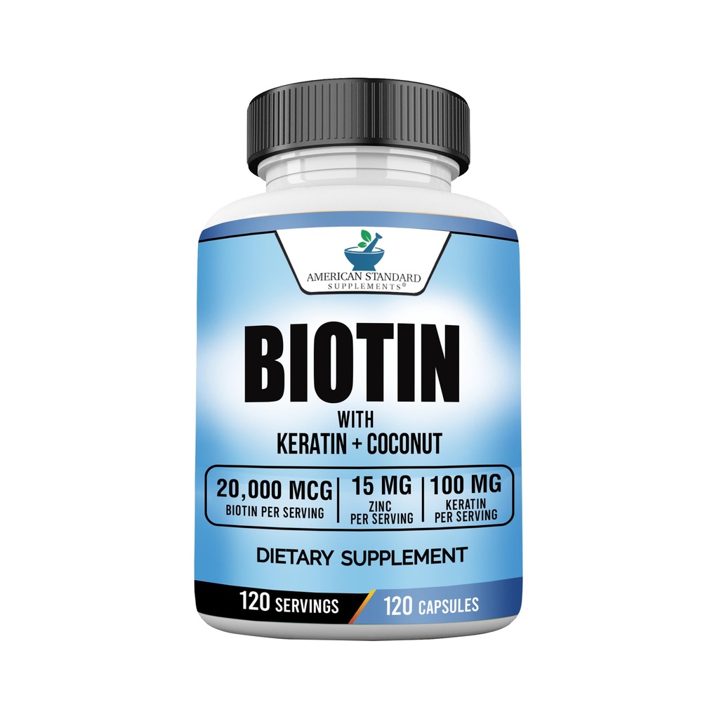 美国标准补充品Biotin 20,000mcg 配有 Keratin, Coconut Powder 和 Zinc, 男女生物素补充品,120 Veggie Capsules, 120日供应