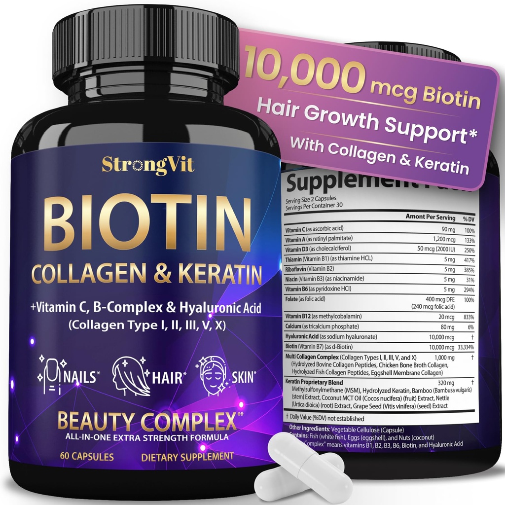 强维特生物素加Hyaluronic酸、Keratin和Collagen补充剂 -- -- 1 000mcg 长发妇女和男子 -- -- 毛皮和直肠维生素 -- -- 60卡普尔