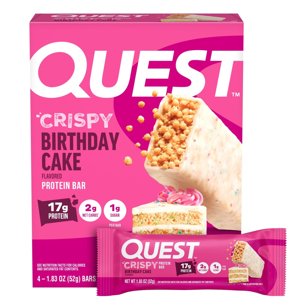 (原始内容存档于2017-07-21). Quest Enformation Christy Birthday Cake Protein Bar, 17g protein, 1g Sugar, 2g Net Carbs, Gluten Free Protein Snack, Keto Friend, 4 Count).