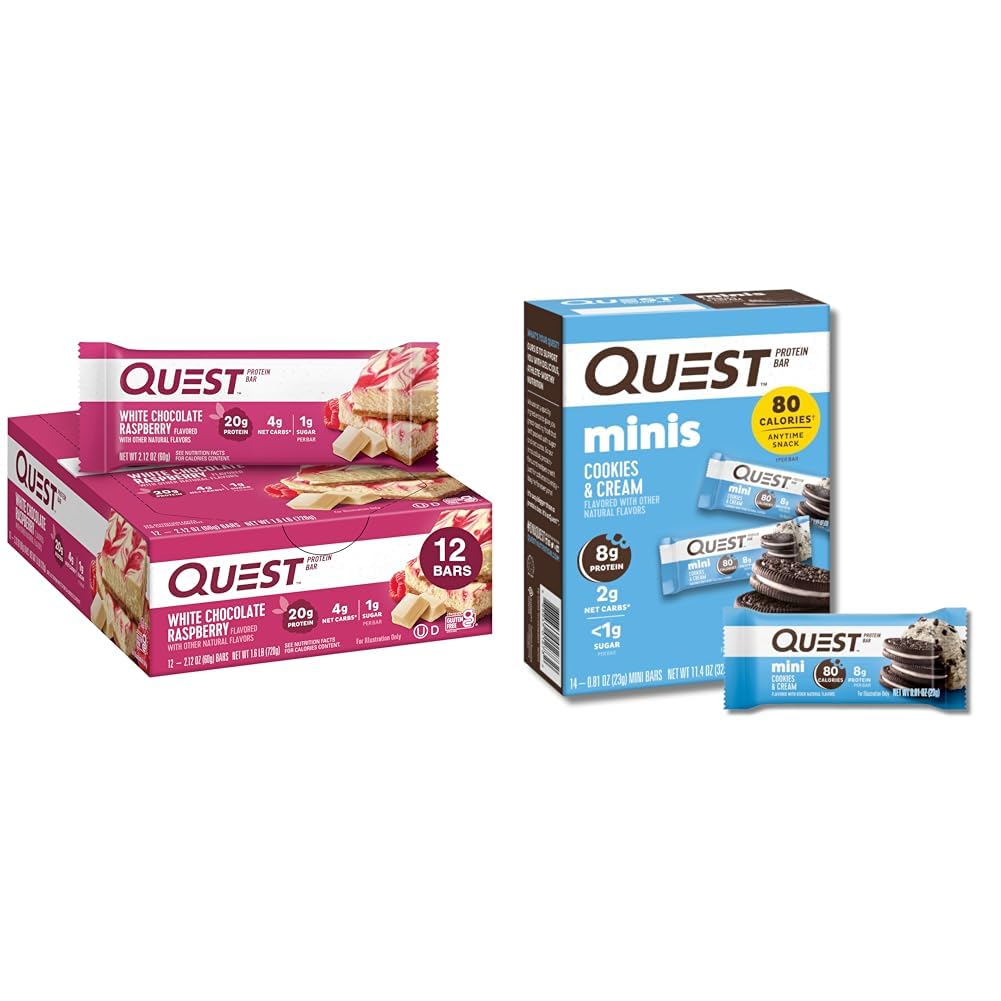 Quest 蛋白质棒盒 - 白色巧克力 Raspberry 12 Count & Cookies 'N Cream Mini 14 Count