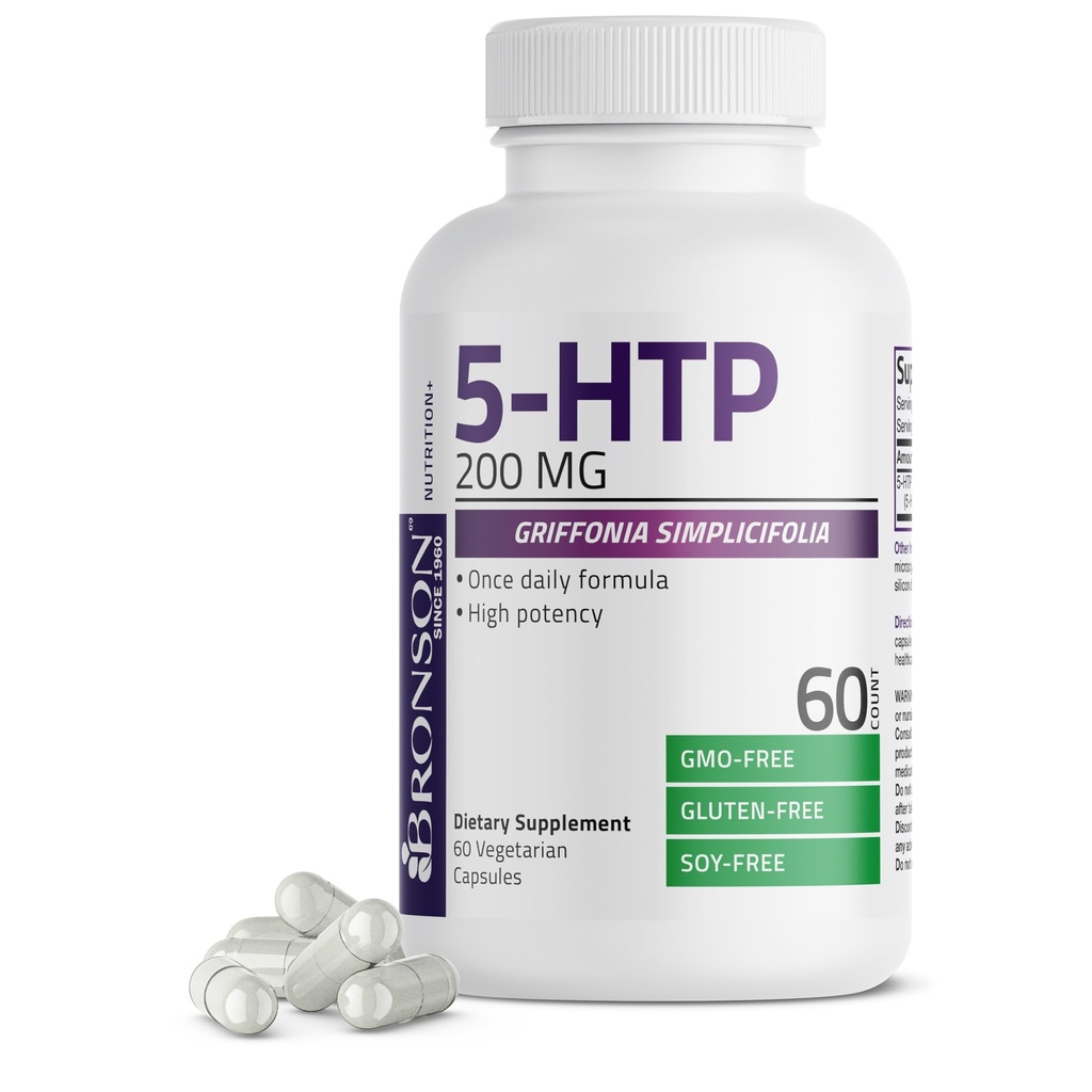Bronson 5-HTP 200mg (5-羟基tryptophan) Griffonia Simplicifolia Non-GMO, 60 蔬菜卡普尔