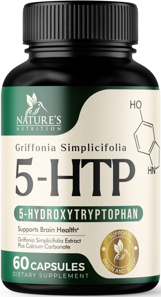5 Hydroxytryptophan Capsules - 每服180mg 5 HTP 补充+ Calcium用于脑健康与睡眠支持,超强Griffonia Simplicifolia 5-HTP公式,5HTP,美国瓶装 - 60 Capsules